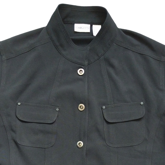 Chico's Black Snap Jacket 4 Pockets Stand Collar Classic Lightweight Minimalist - Picture 5 of 9